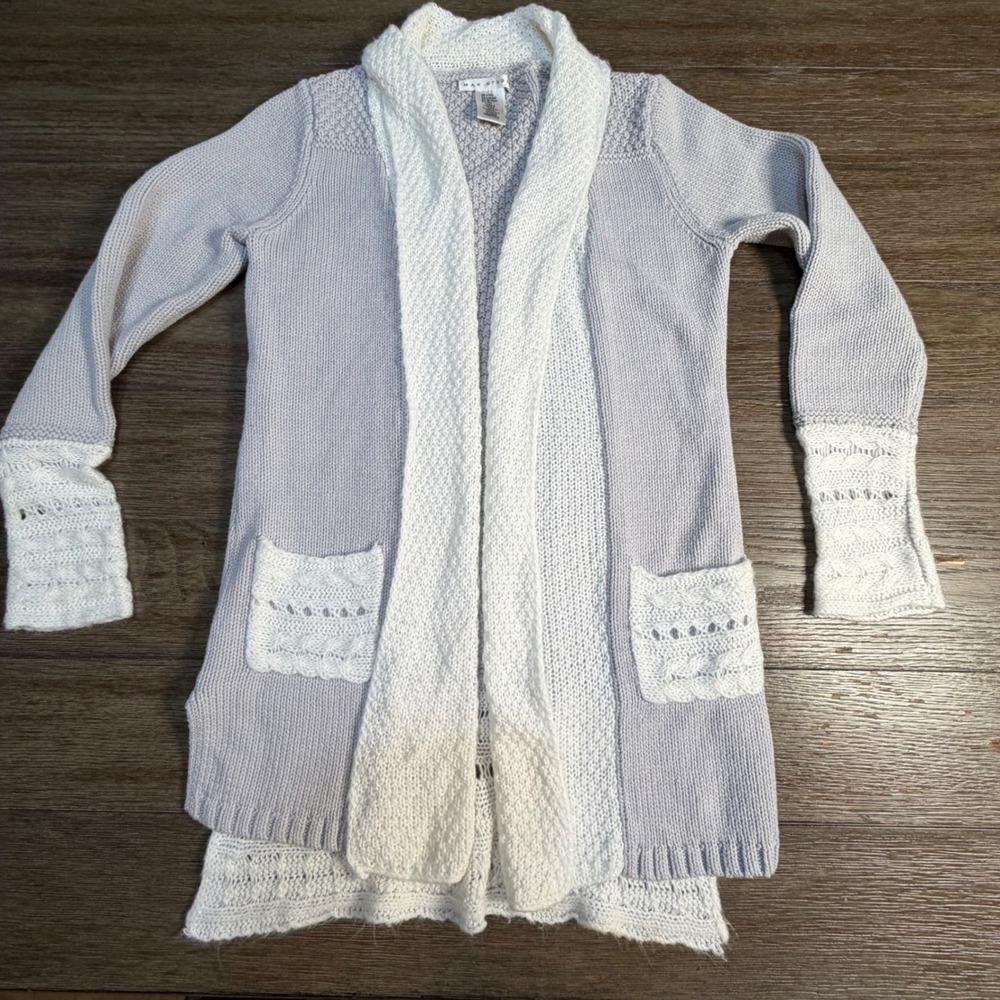 Max Studio Girls Gray Cream Cable Knit Open Front Cardigan Sweater Size 14 Large
